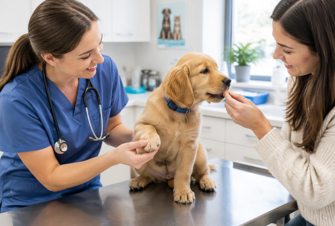 A vet holding a golden puppy's paw on an examination table while the owner feeds a treat