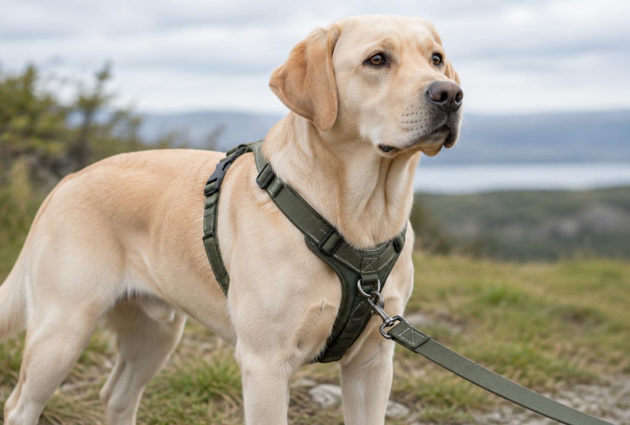 A yellow Labrador wearing a green Y-front harness with a lead clipped to the chest ring