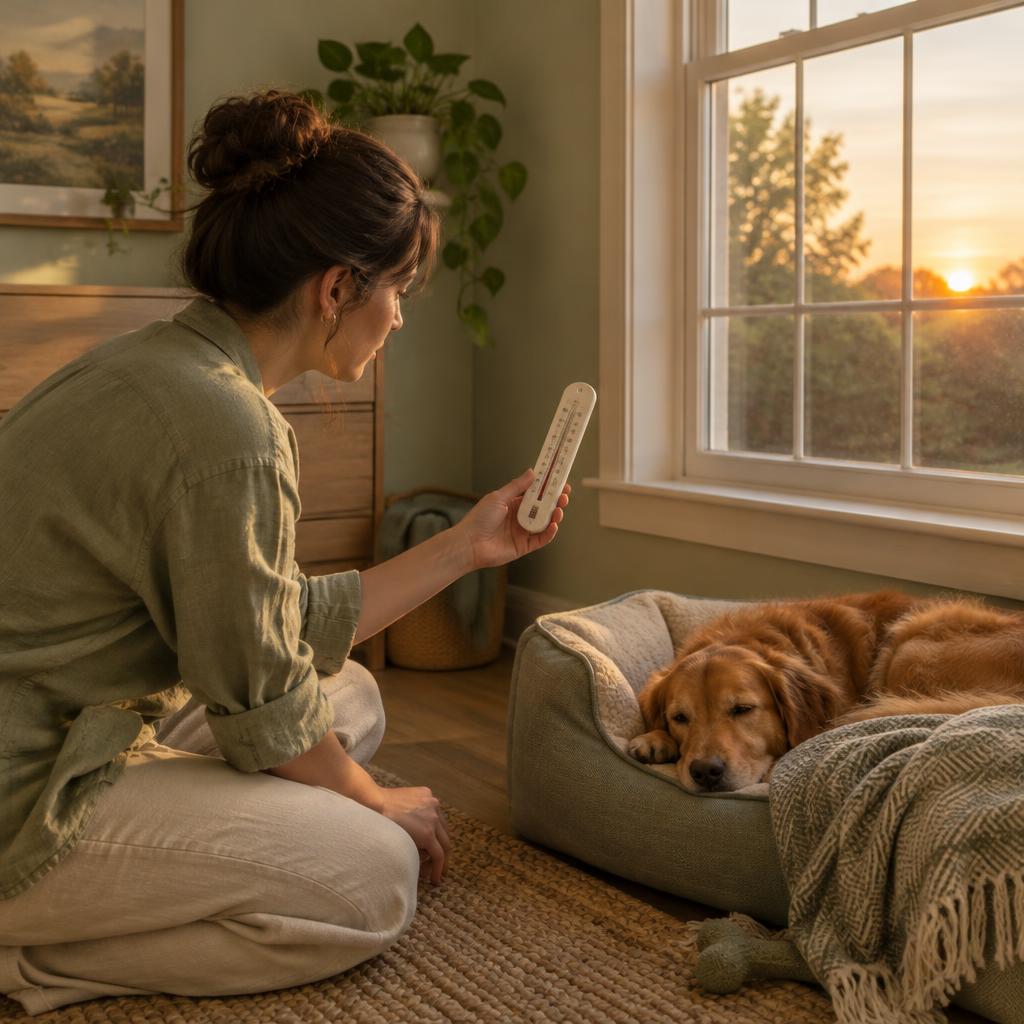 A person checking a room thermometer near a dog bed at sunset