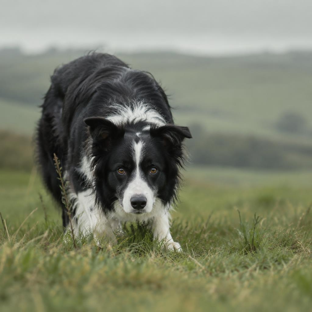 A border collie showing the intense herding stare in a field