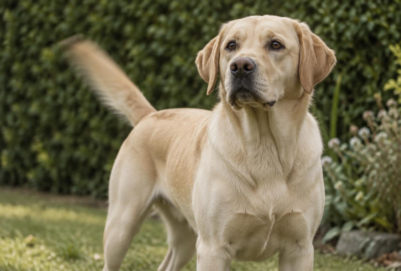 A labrador standing in a garden with its tail mid-wag, slightly blurred, held high behind an alert posture