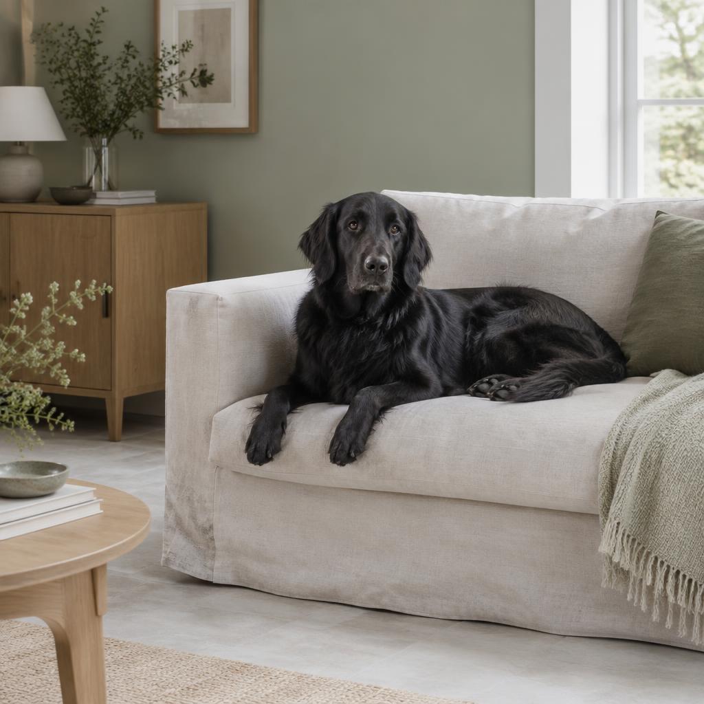 A Flat-Coated Retriever lying on a linen sofa at home