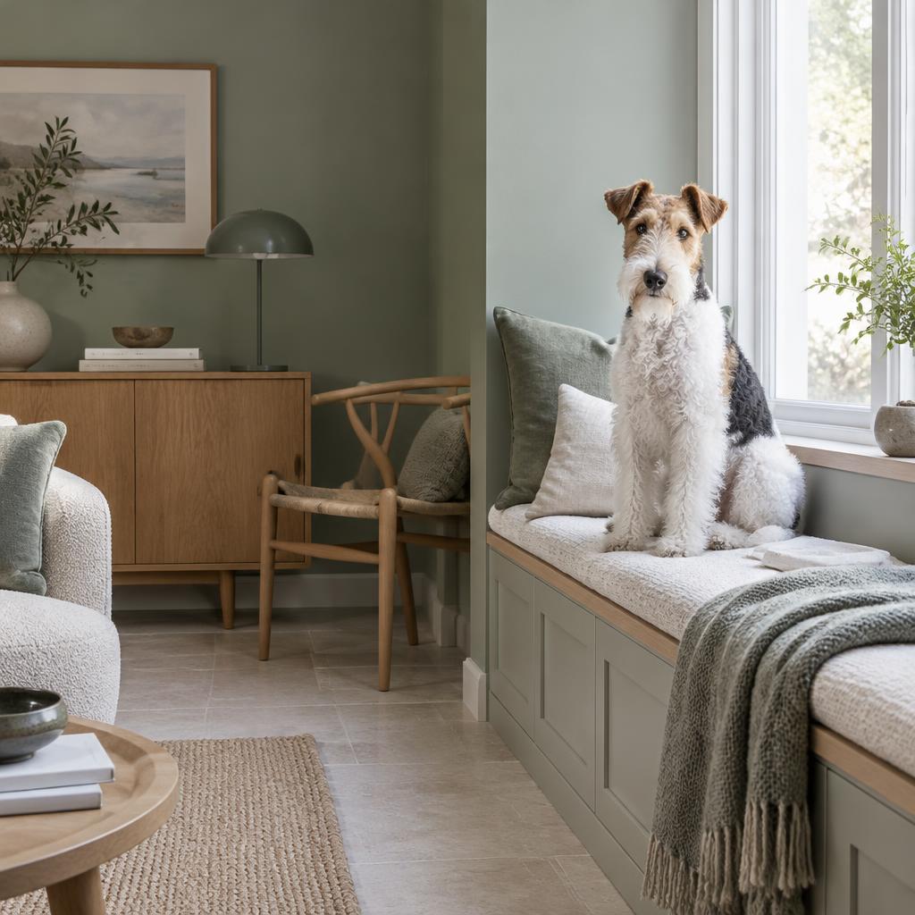 A Wire Fox Terrier sitting on a window seat at home