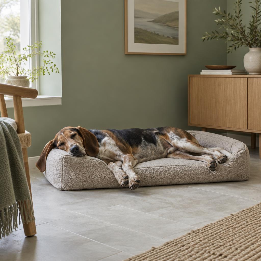 A Treeing Walker Coonhound asleep on a dog bed at home