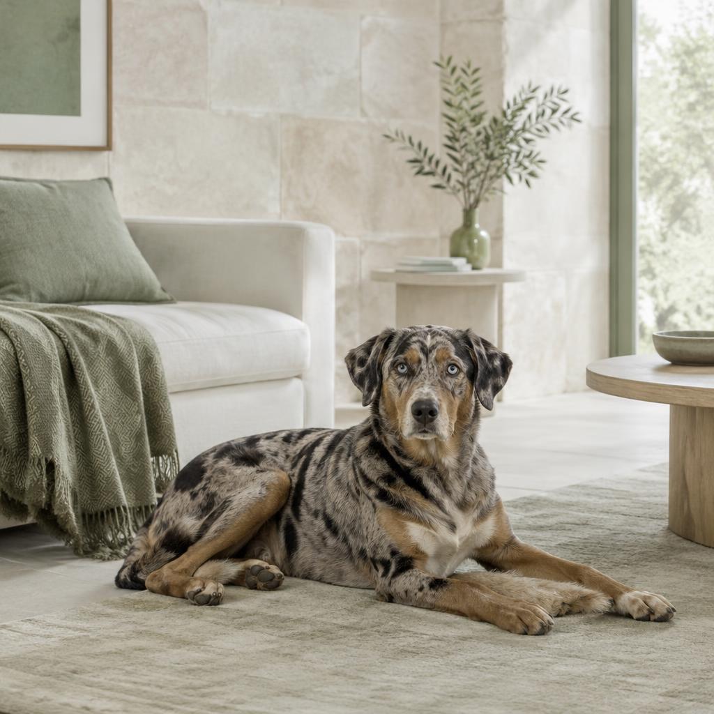 A Catahoula Leopard Dog resting by a sofa at home