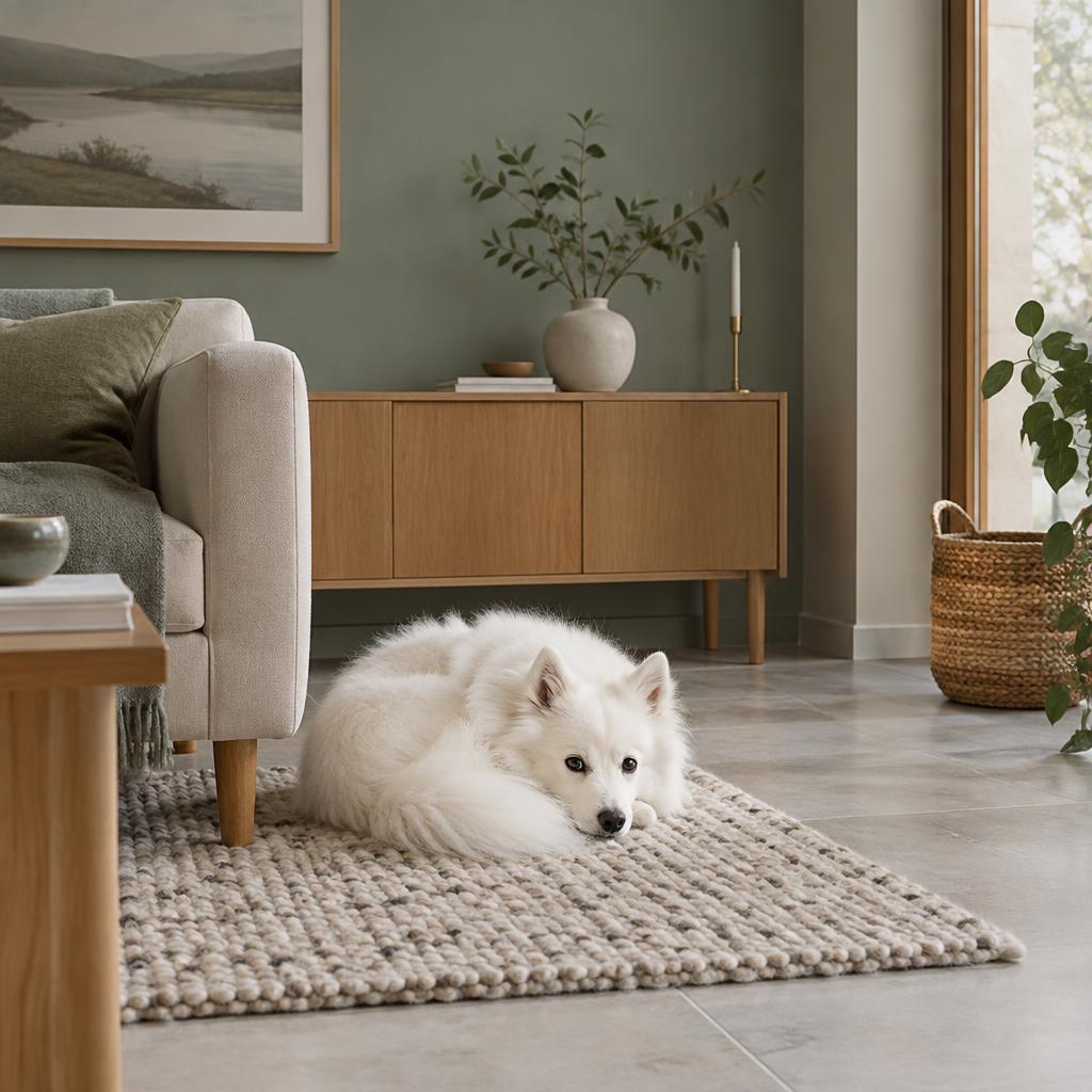 An American Eskimo Dog curled on a wool rug at home