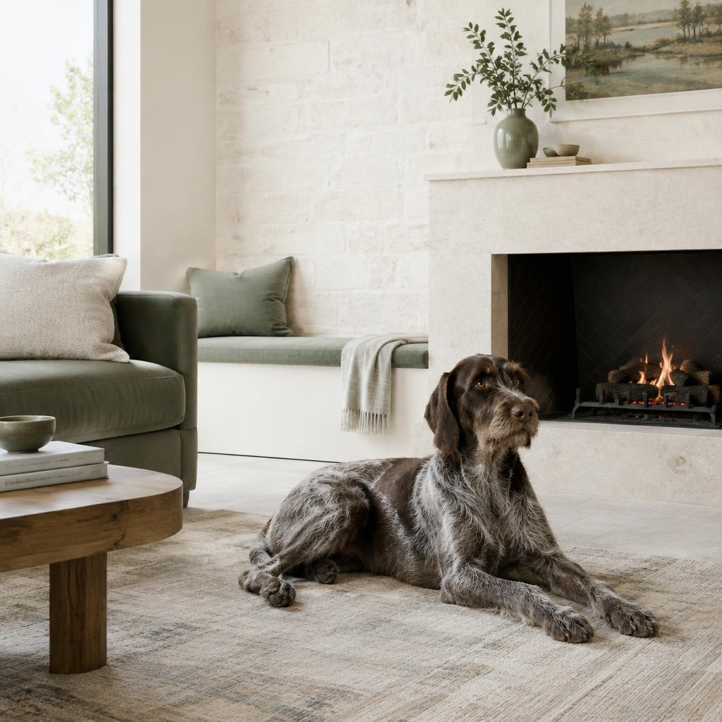 A German Wirehaired Pointer lying by a fireplace at home