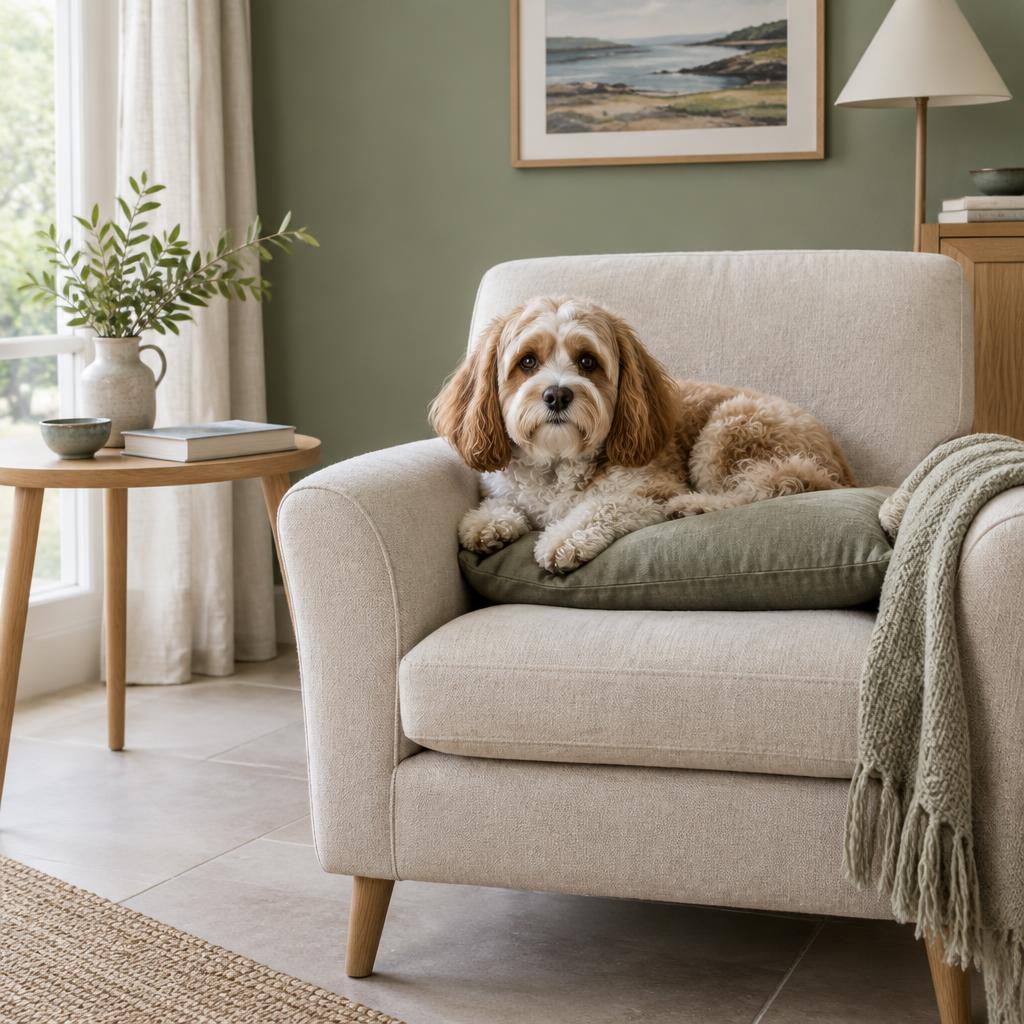 A Cavachon curled beside its owner on a sofa