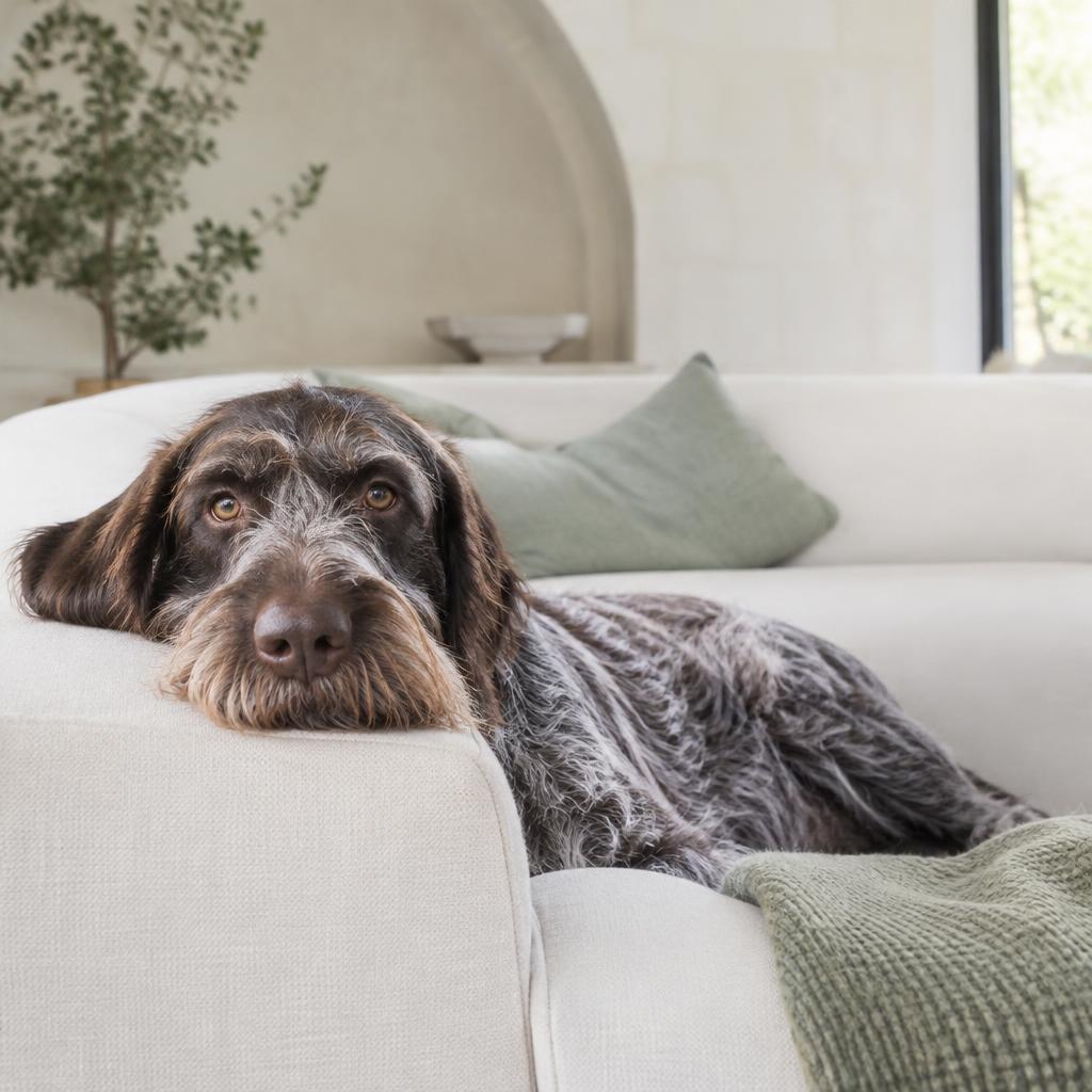 A Wirehaired Pointing Griffon leaning against its owner on a sofa