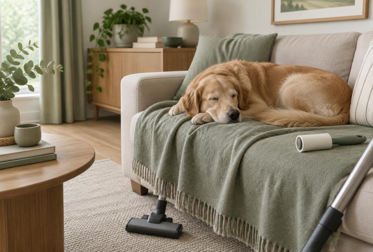 A dog asleep on a sage throw with a lint roller and vacuum nearby