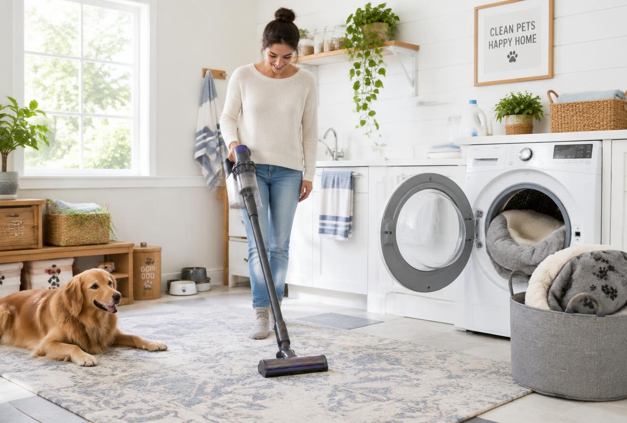 A woman vacuuming a rug in a bright laundry room with a golden retriever lying nearby and dog bedding in the washing machine