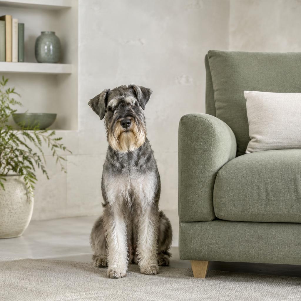 A Standard Schnauzer lying at its owner's feet at home