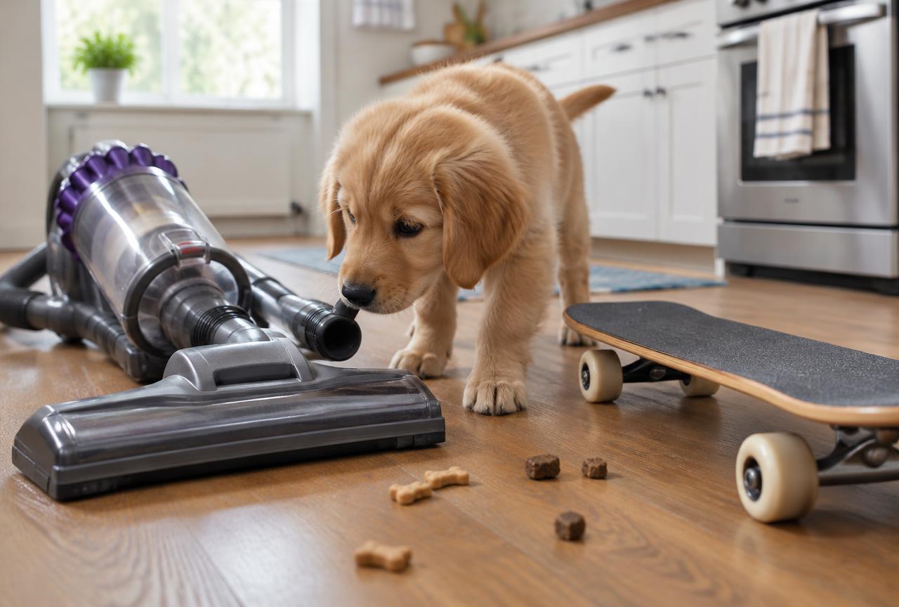 A golden puppy sniffing a vacuum cleaner on a kitchen floor beside a skateboard and scattered treats