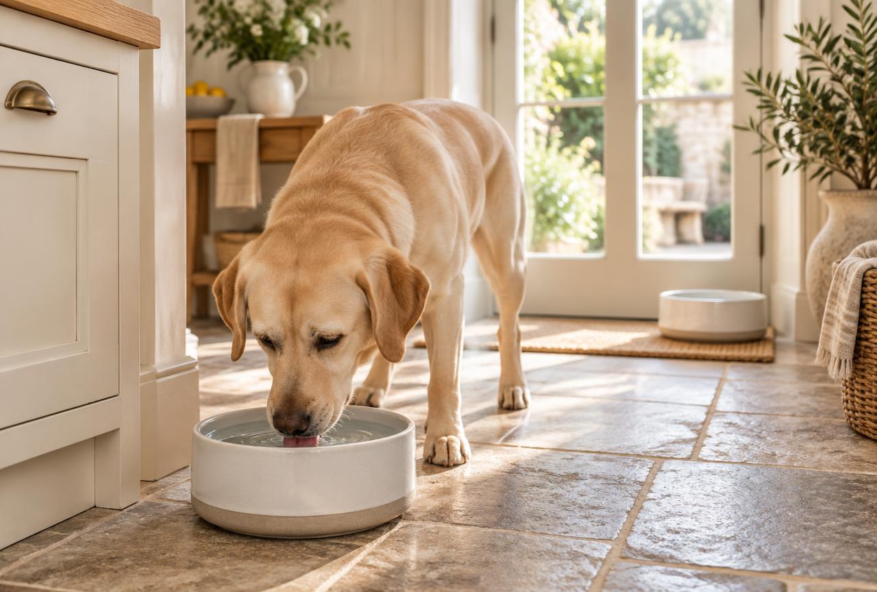 A Labrador drinking from a water bowl on a stone kitchen floor with a second bowl by the door