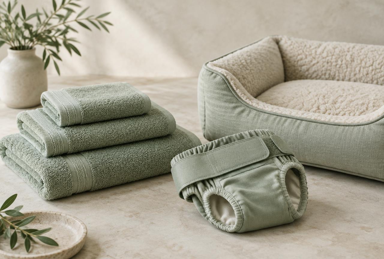 Washable dog hygiene pants and folded towels beside a dog bed