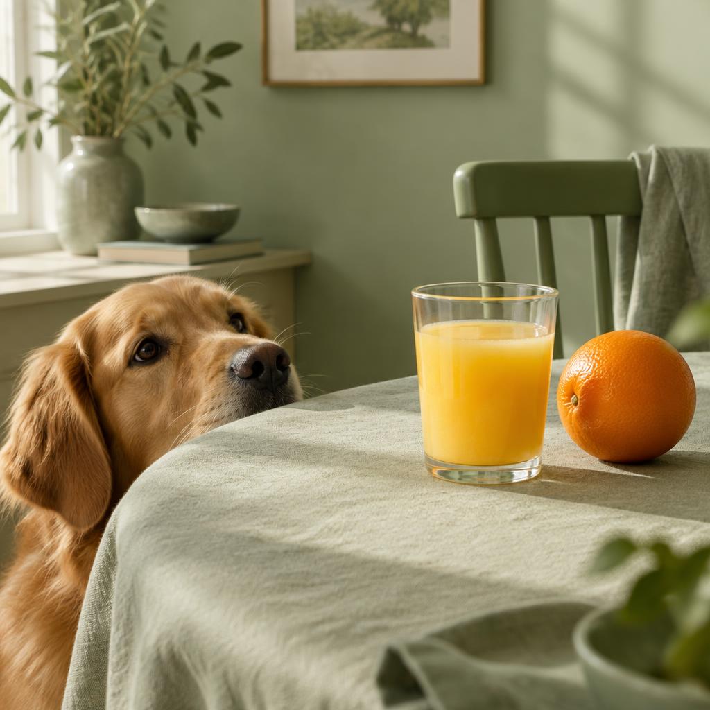 A glass of orange juice and a whole orange on a table with a dog watching from below