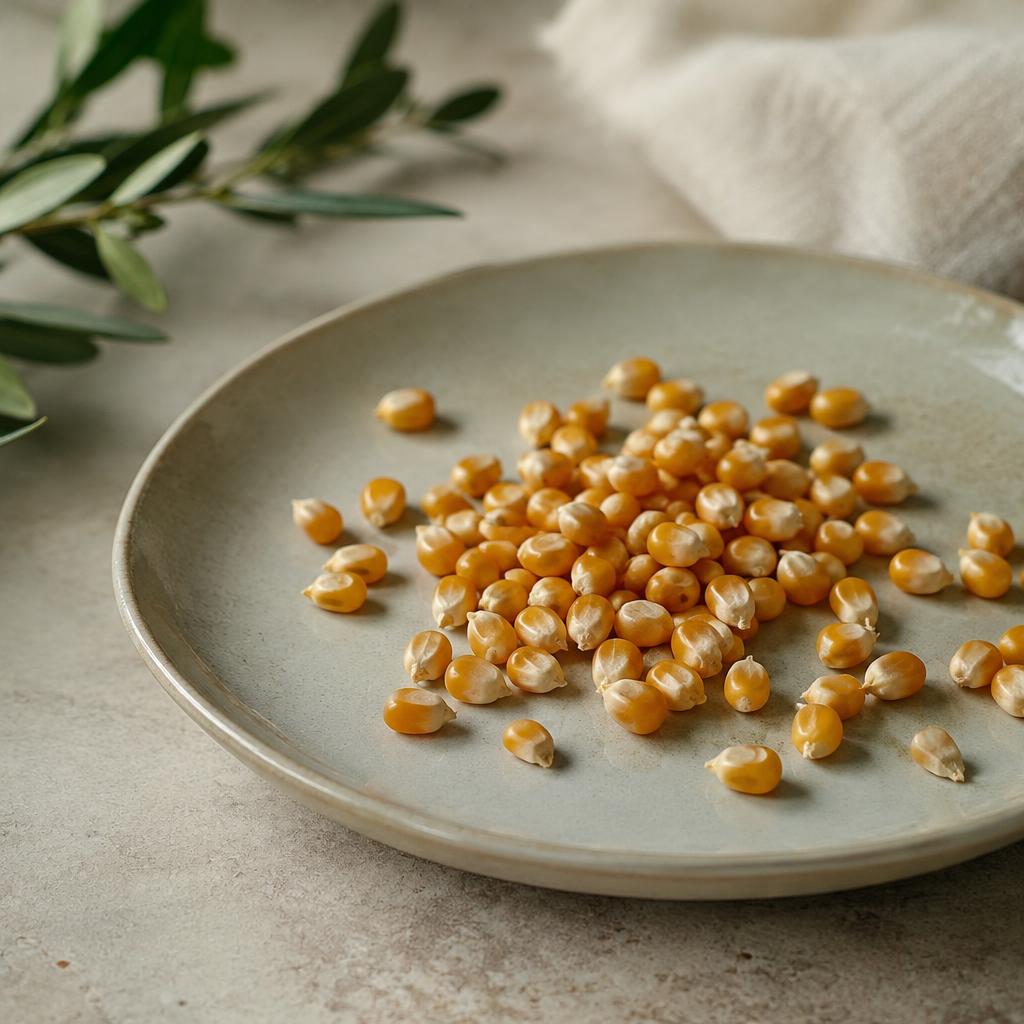 A close-up of unpopped popcorn kernels in a bowl, the part that never goes to the dog