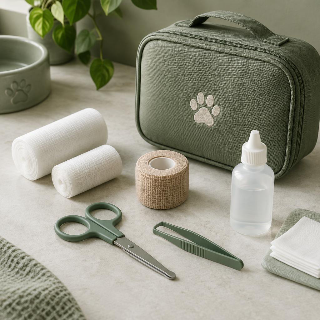 A pet first aid kit with bandages, scissors, tweezers and saline