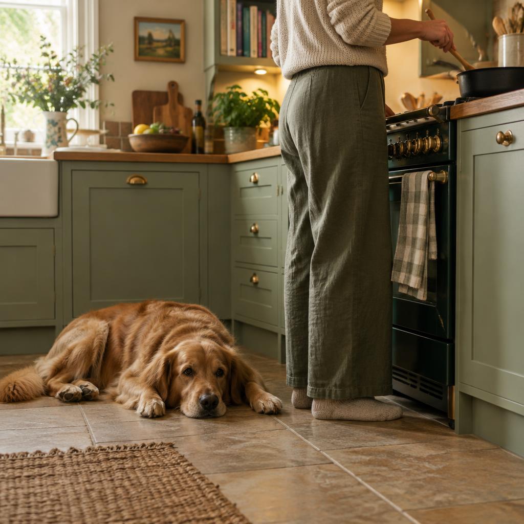 A dog lying on the kitchen floor at its owner's feet