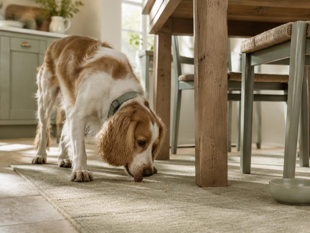A dog sniffing and licking near crumbs under a kitchen table
