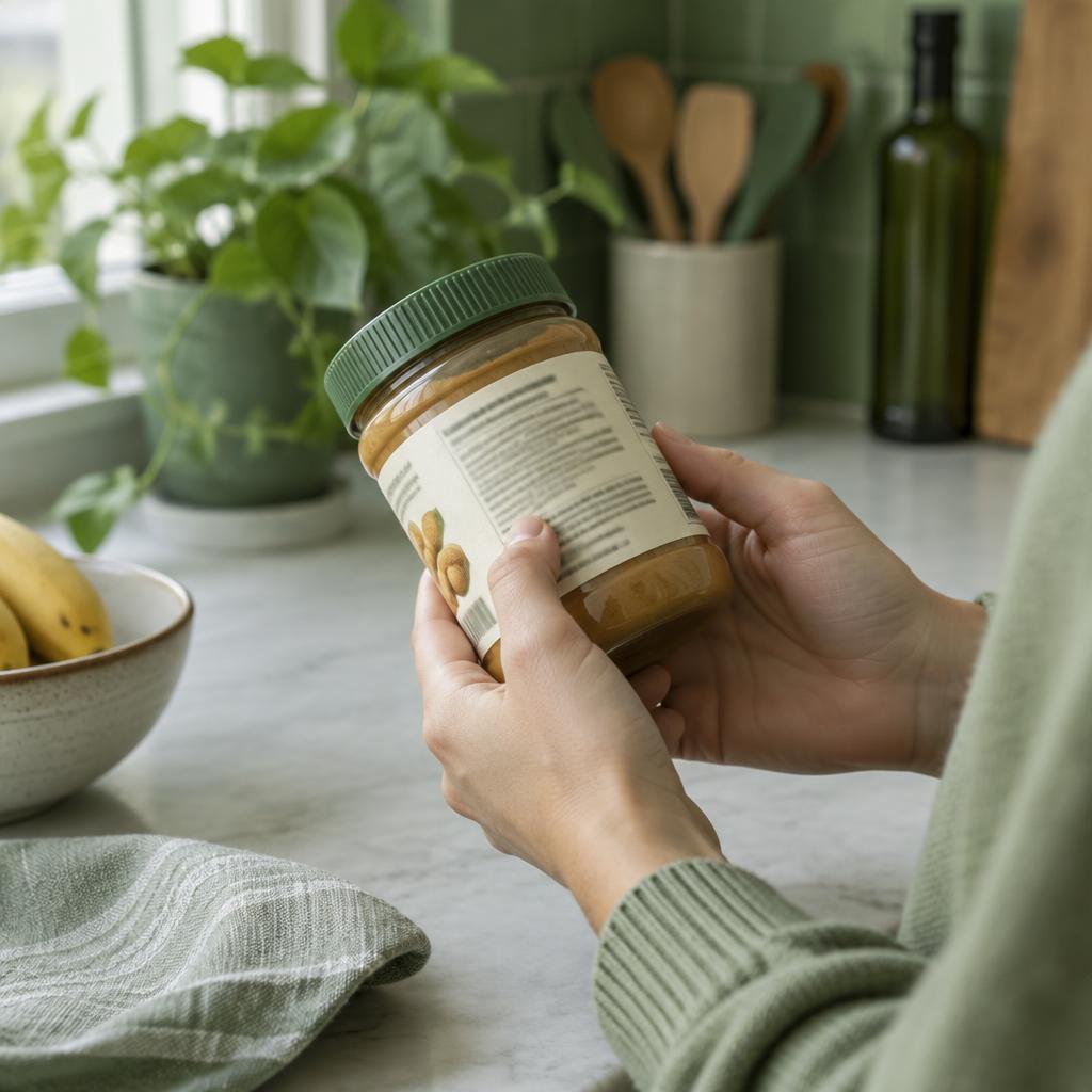 A person reading the ingredient label on a jar of peanut butter
