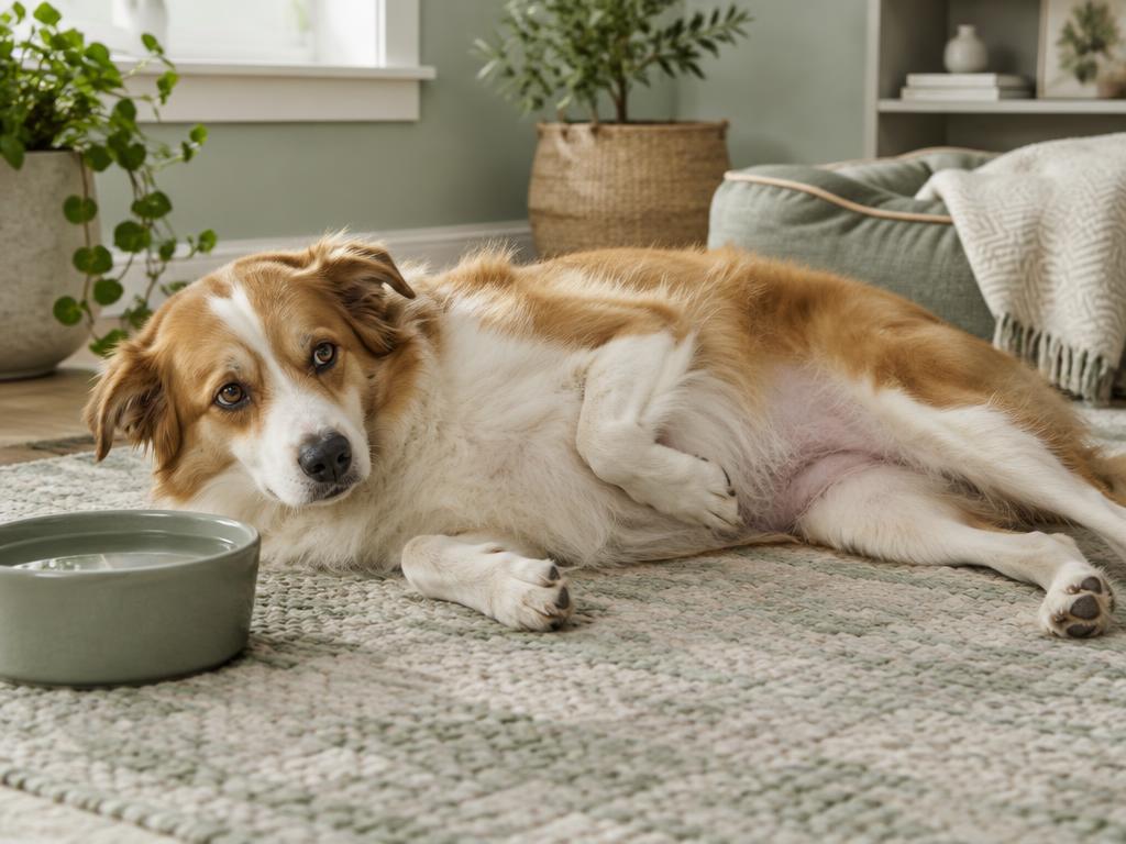 A dog lying on a rug with a paw over its belly, a water bowl nearby