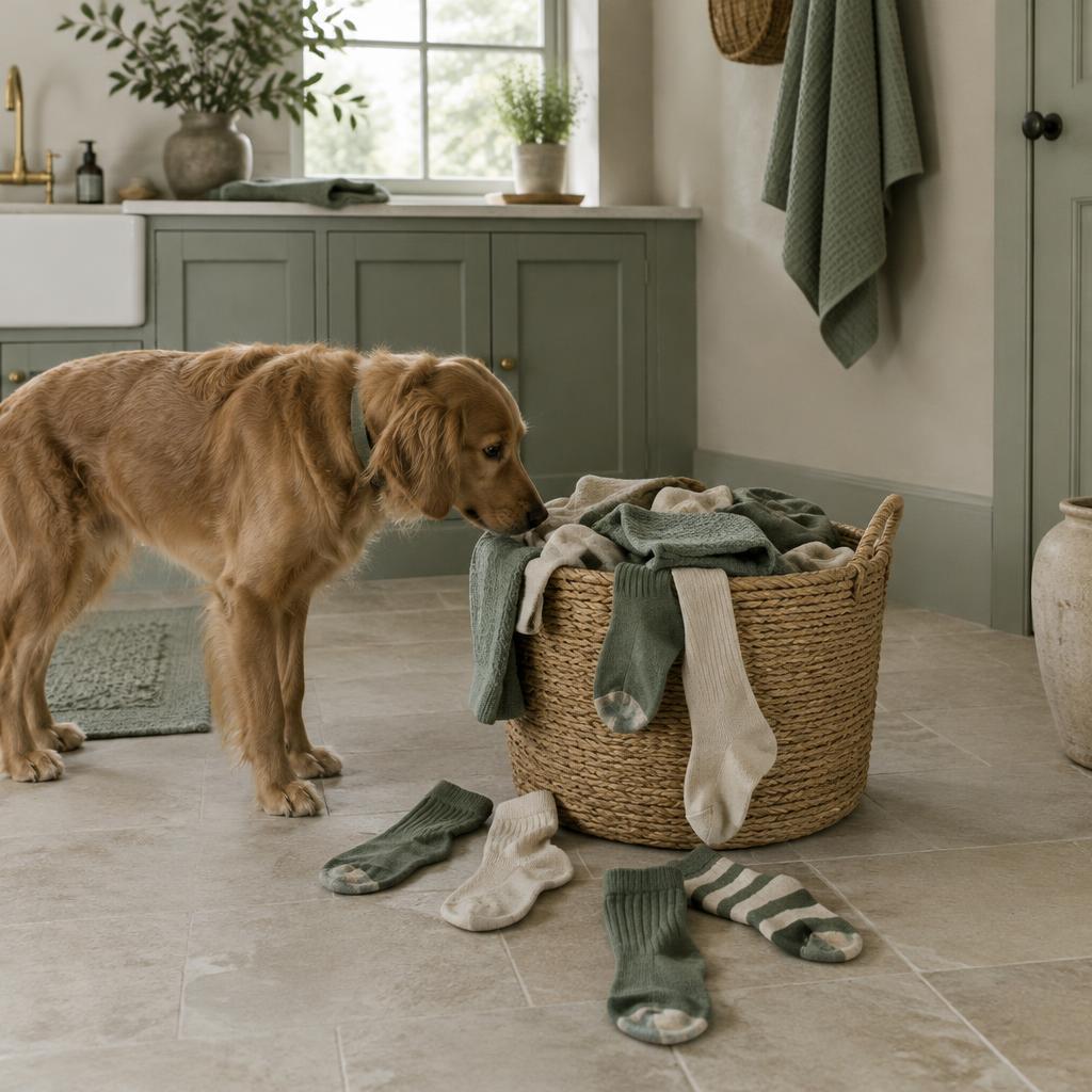 A dog investigating a laundry basket of socks