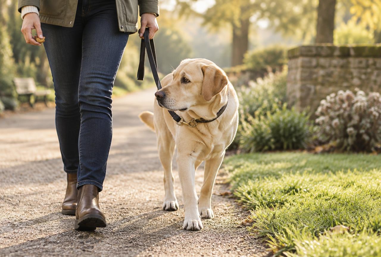 A Labrador on a short lead looking up at its owner beside a grassy park path, the owner holding a treat