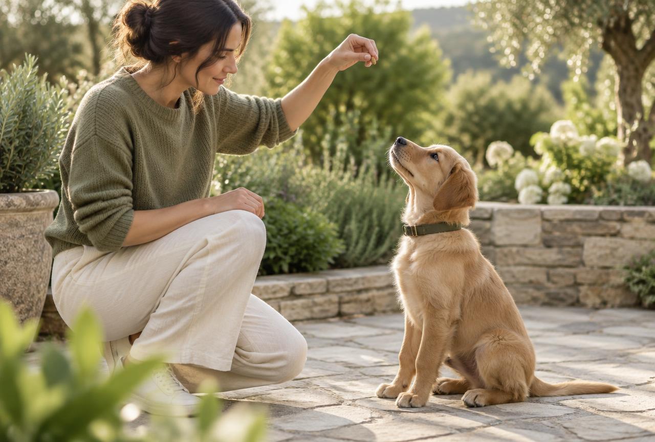 A person holding a treat high while a young dog looks up attentively