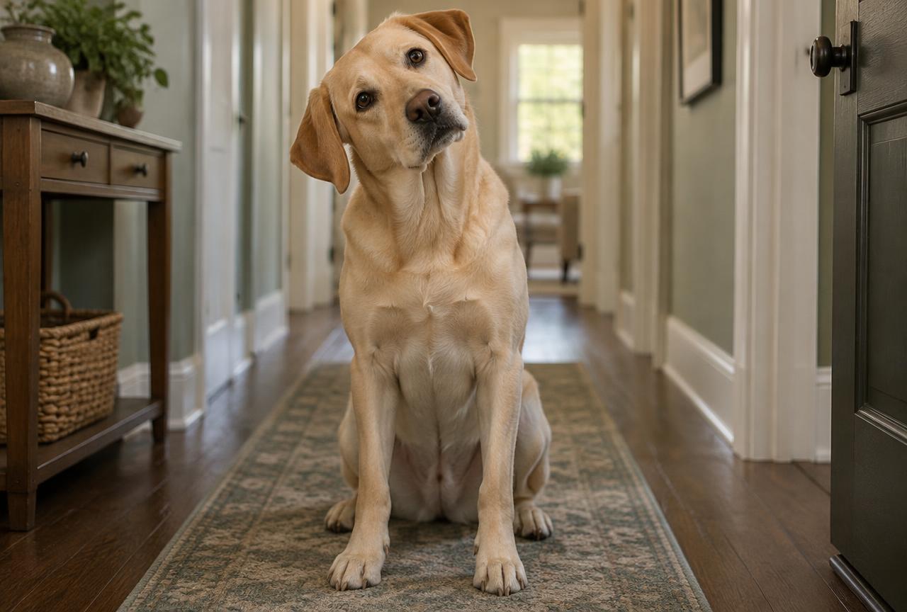 A labrador retriever sitting in a hallway with its head tilted far to one side, listening to a doorbell