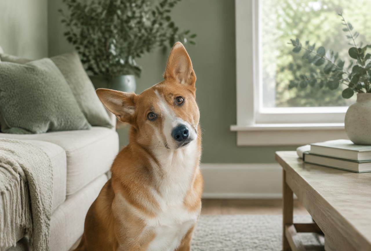 A dog with ears perked listening intently in a calm living room