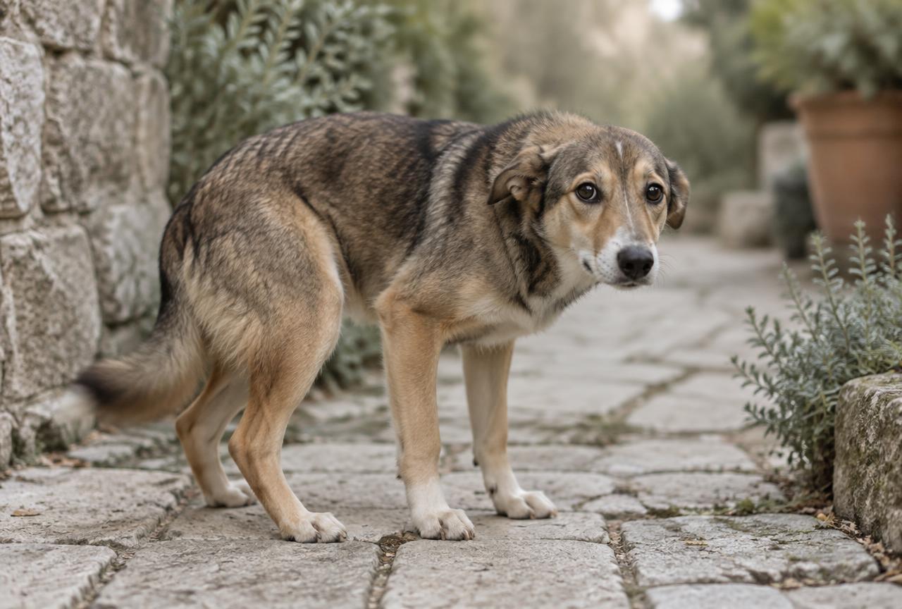 A cautious mixed-breed dog on a stone path, body lowered, tail low and wagging slowly