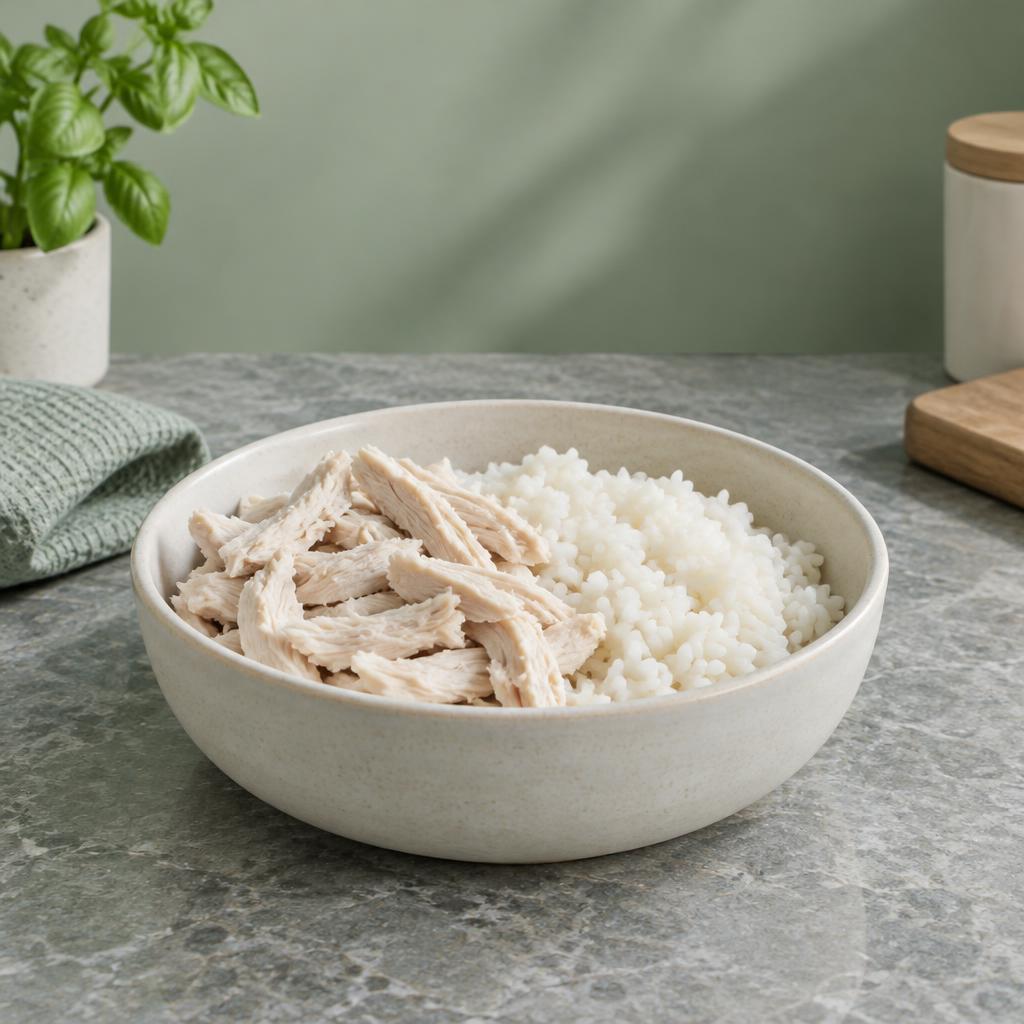 A bowl of plain boiled chicken and rice on a kitchen counter