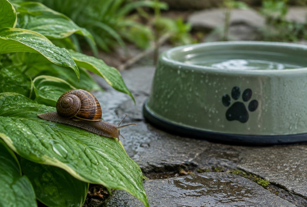A garden snail on a wet leaf beside a sage green dog water bowl on a damp stone patio
