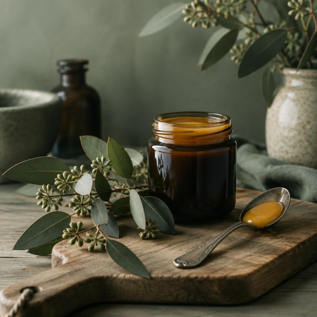 A jar of manuka honey beside a spoon on a wooden board with eucalyptus sprigs