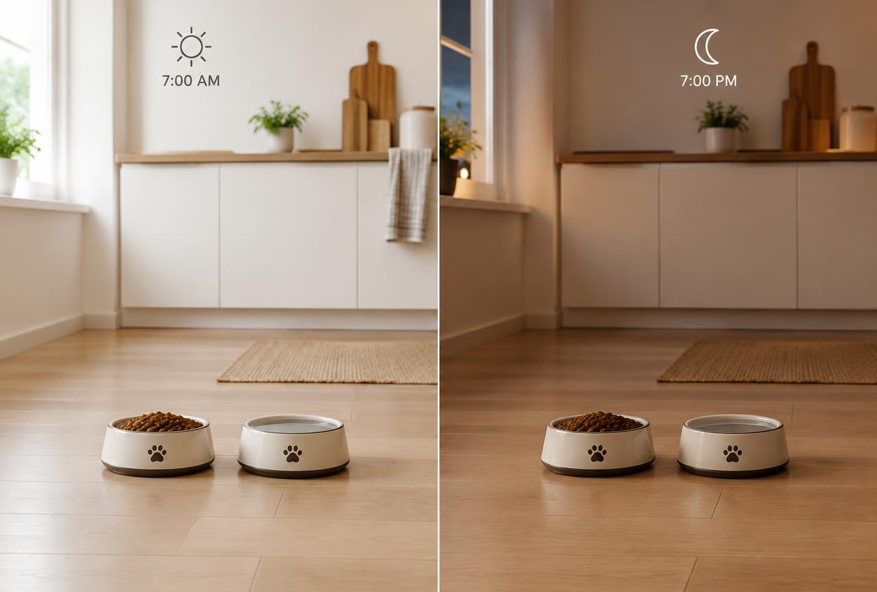 Two dog bowls on a wooden kitchen floor shown at morning and evening feeding times