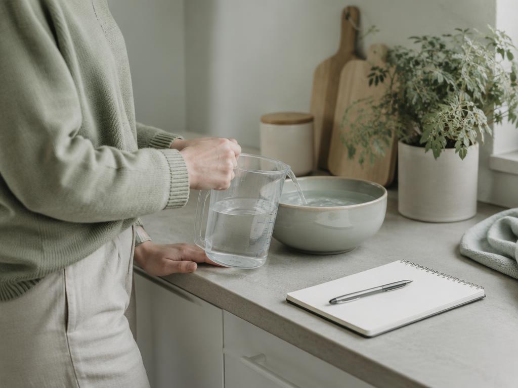 Owner pouring measured water into a dog bowl beside a notebook