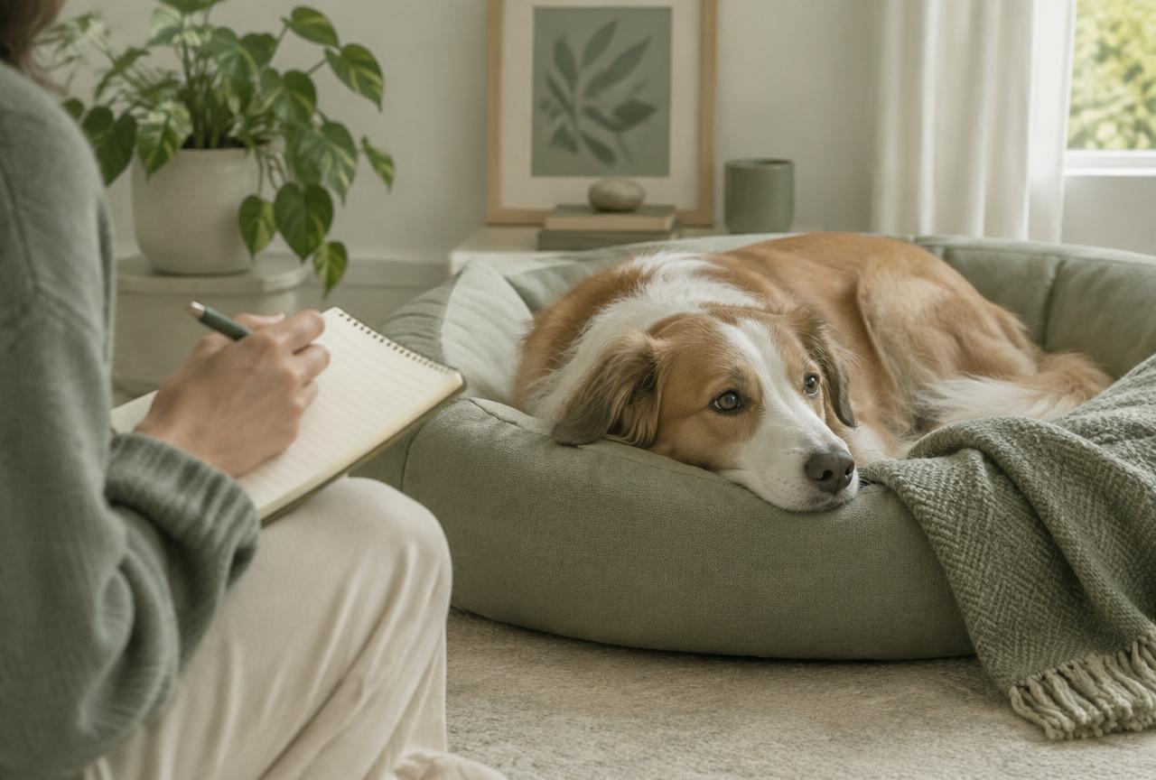 A dog resting on a bed while a person makes notes in a notebook