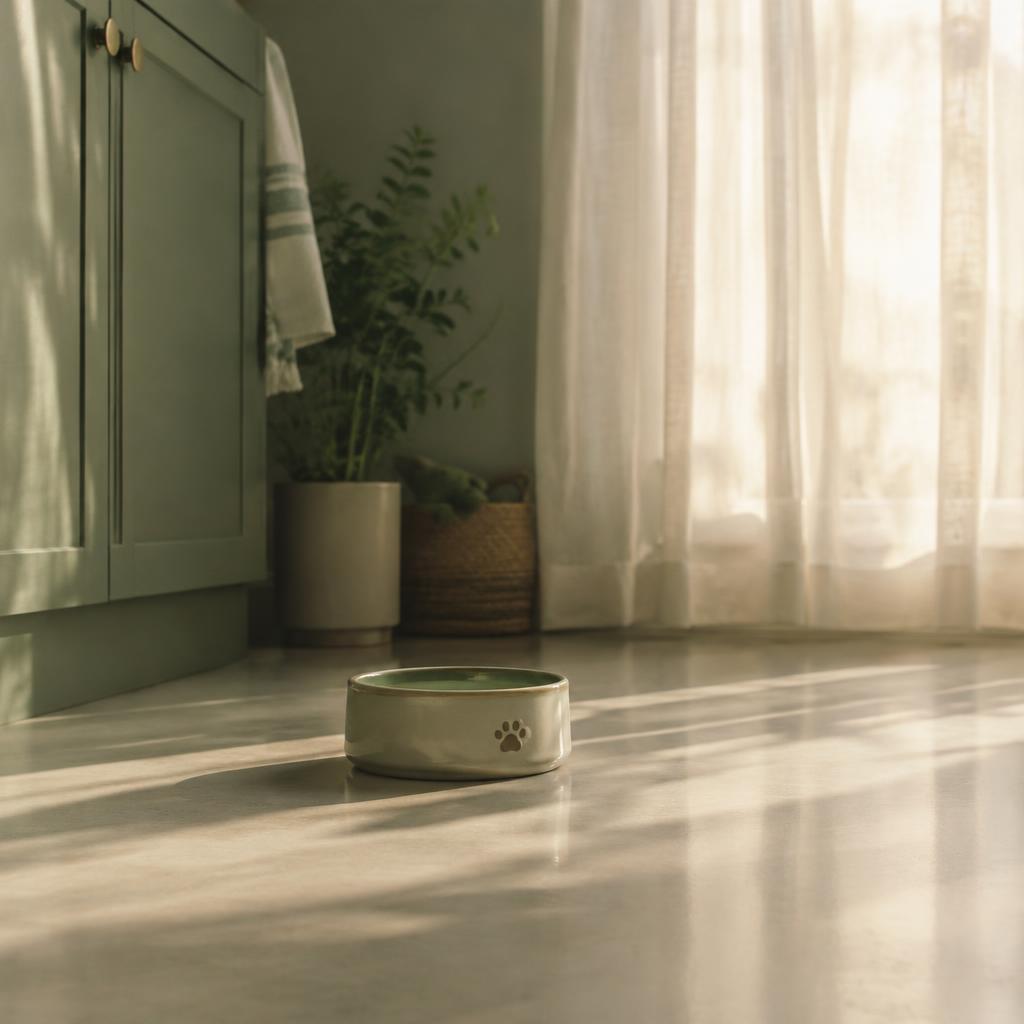 An empty dog bowl on a kitchen floor in early morning light