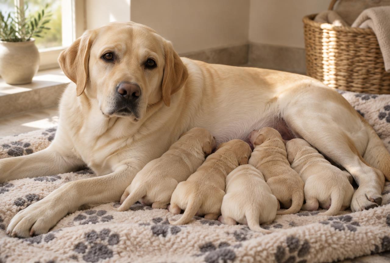 A mother Labrador lying on a blanket with newborn puppies nursing