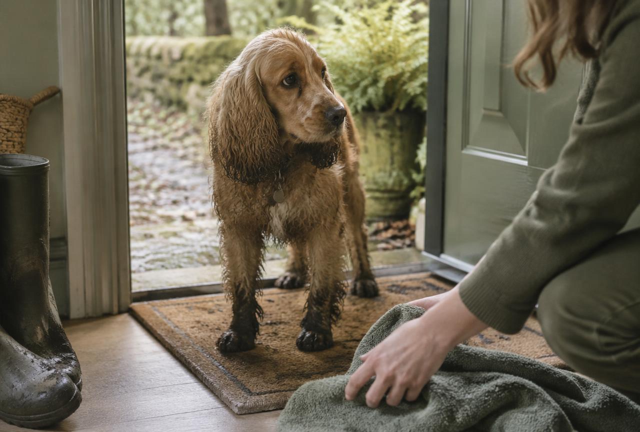 A muddy dog being rinsed with a hose in a garden