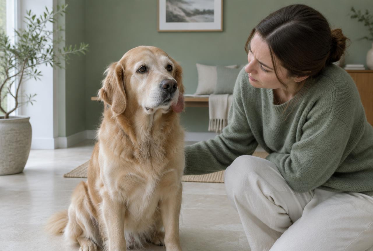 An owner checking a dog with a mildly swollen muzzle
