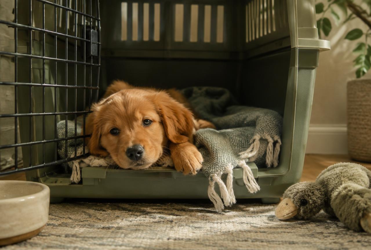A sleepy golden puppy resting its head on a blanket inside an open crate