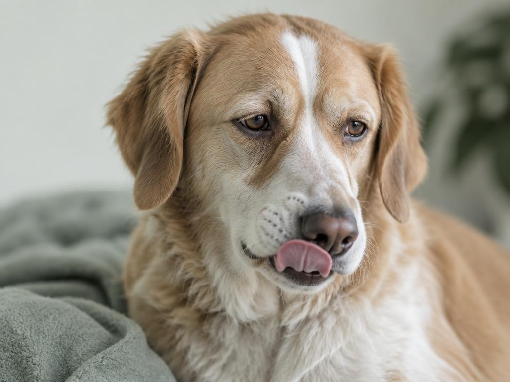 A dog licking its lips with a slightly uncomfortable expression