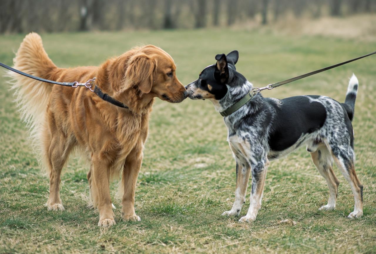 A golden retriever and a merle terrier cross sniffing noses in a park field on loose leads