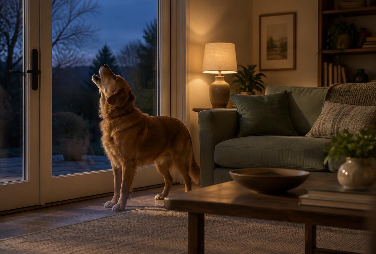 A dog standing by a glass door at dusk, head raised mid-howl, in a warm-lit living room