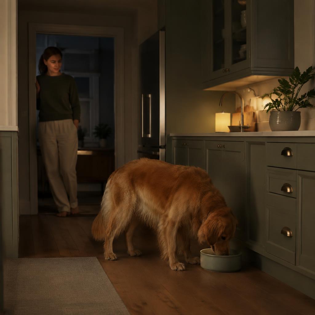 A dog resting in its bed at night, the quiet hours when an empty stomach can trigger morning heaving