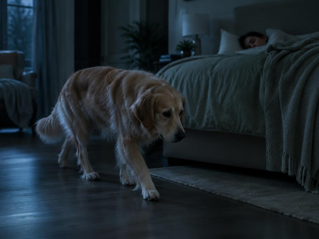 A dog walking across a dark bedroom floor at night while its owner sleeps