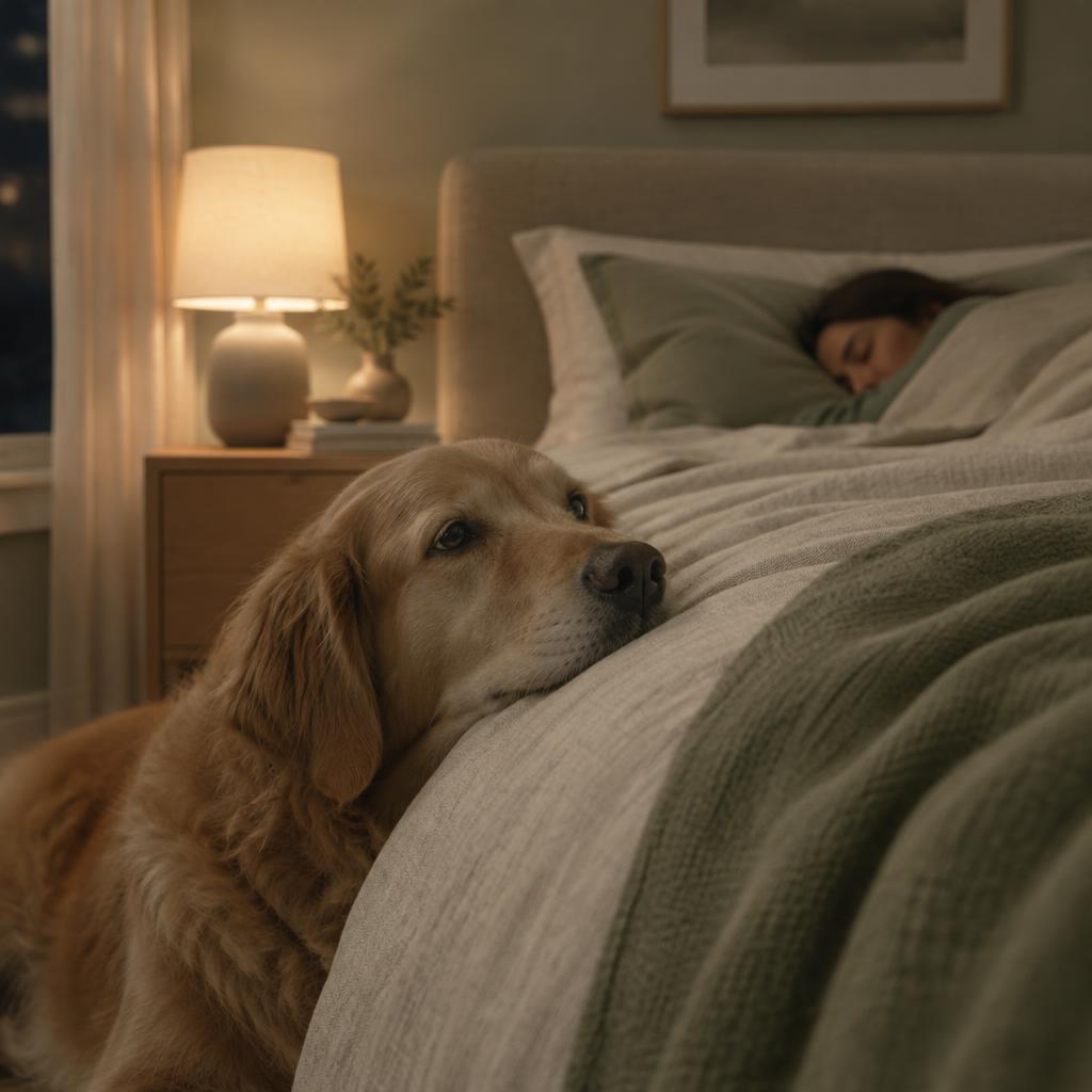 A dog resting its chin on the edge of a bed at night