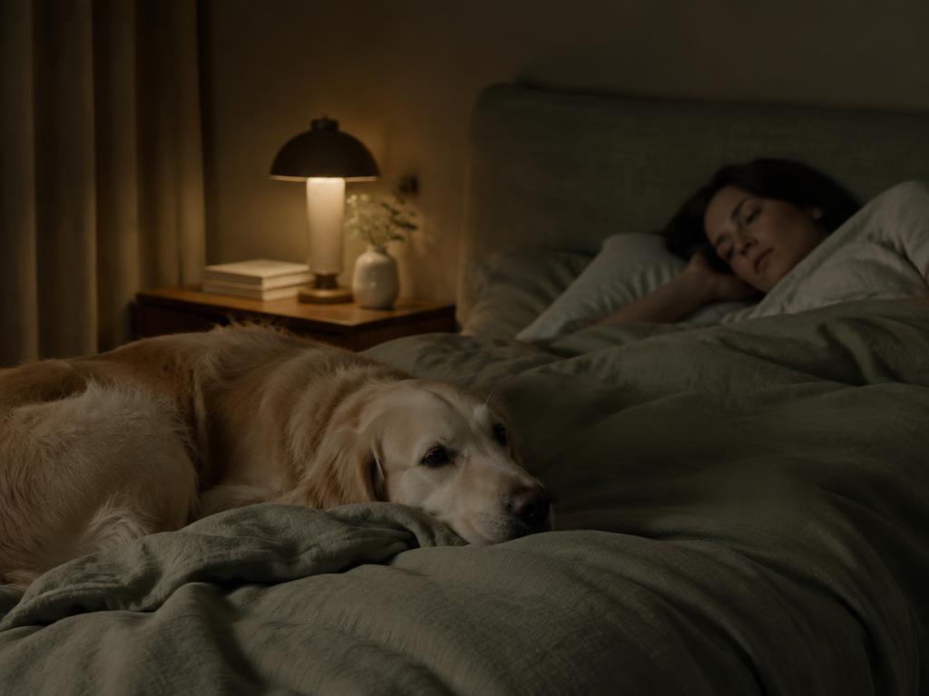 Older dog resting on a bed in low light